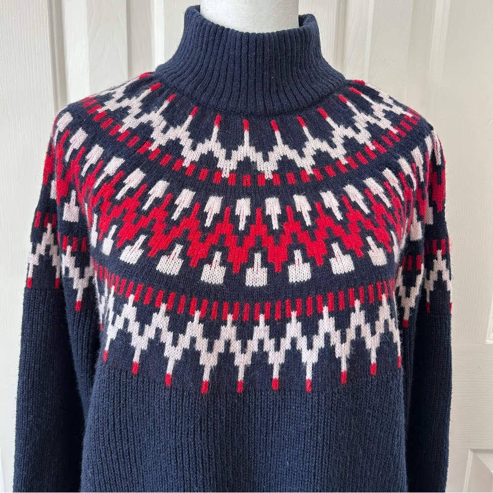 J. Crew Navy and Red Patterned Turtleneck Sweater